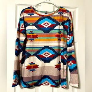 Geometric Print Crew Neck T-Shirt, Casual Long Sleeve Top For Spring & Fall